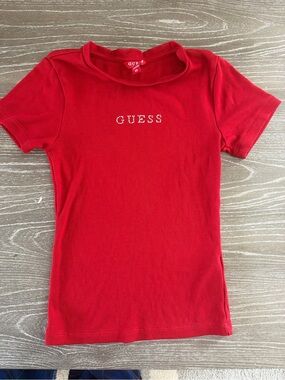 Guess Red Ribbed Tee with Crystal Logo